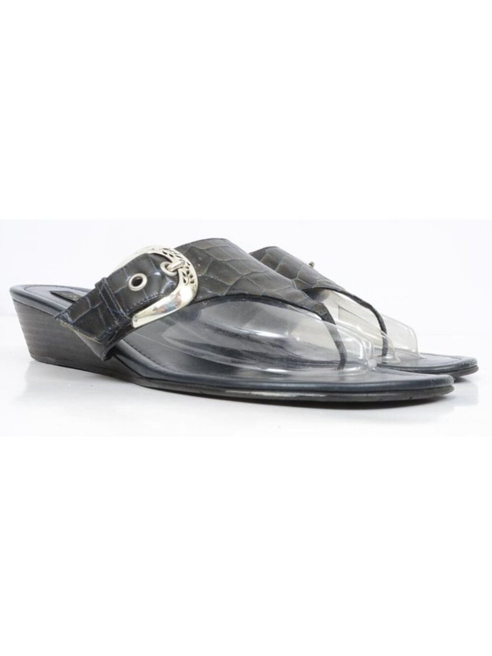 Brighton Lark Womens 10 Moc Croc Black Patent Leather Silver Thong Wedge Sandals